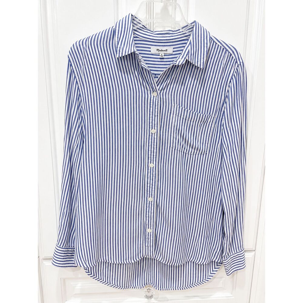 Madewell Womens Medium Blue White Stripe Button Up Shirt Hi Low 100% Viscose